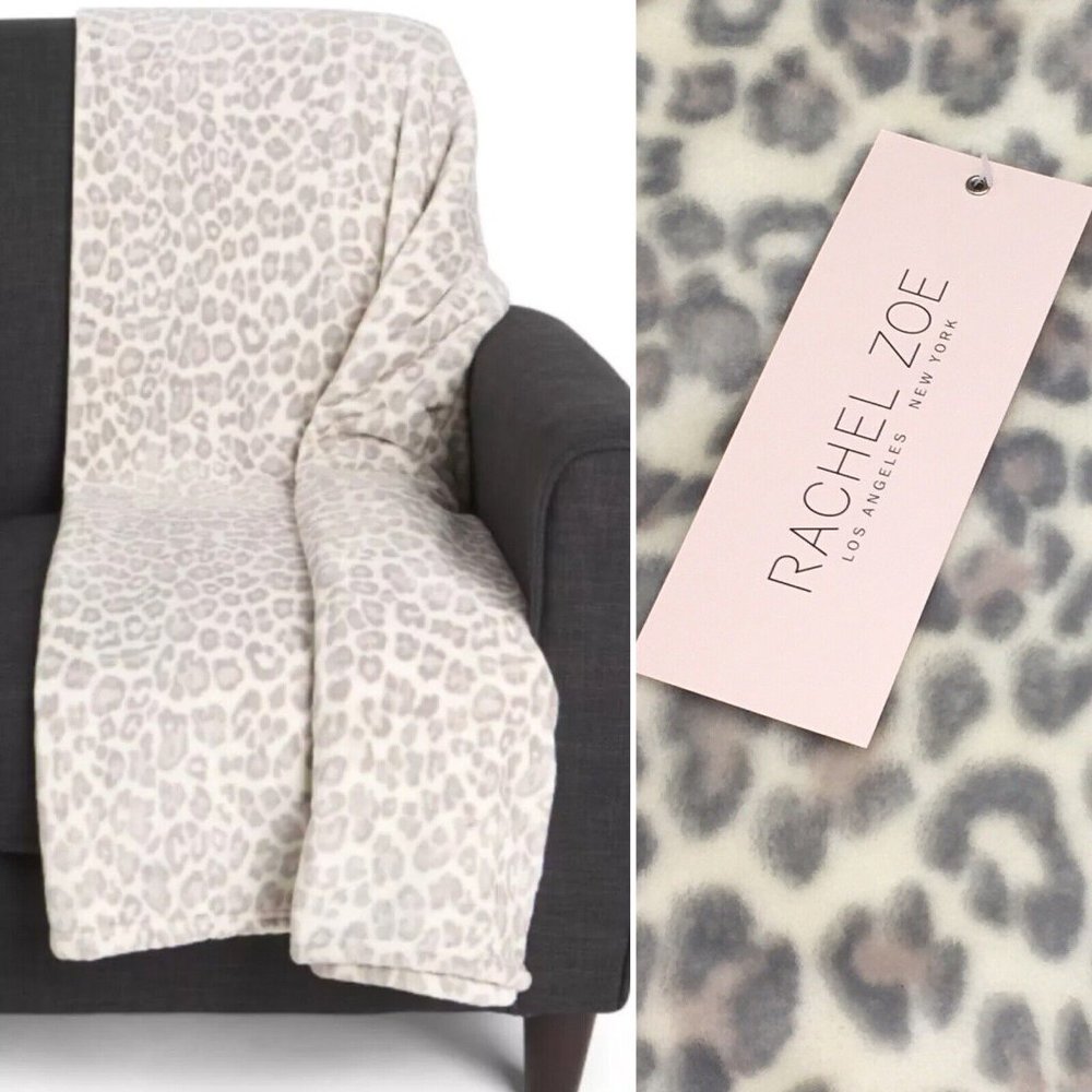 Rachel Zoe Snow Leopard Throw Blanket Microfleece Gray Cream 60x70 Oversize